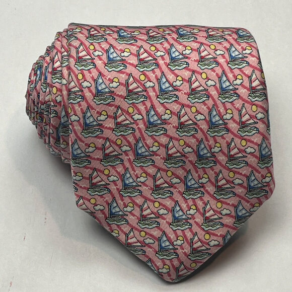 Vineyard Vines Men's Silk Necktie Pink Sail Boats Sun Clouds Seagulls Tie - Picture 1 of 12